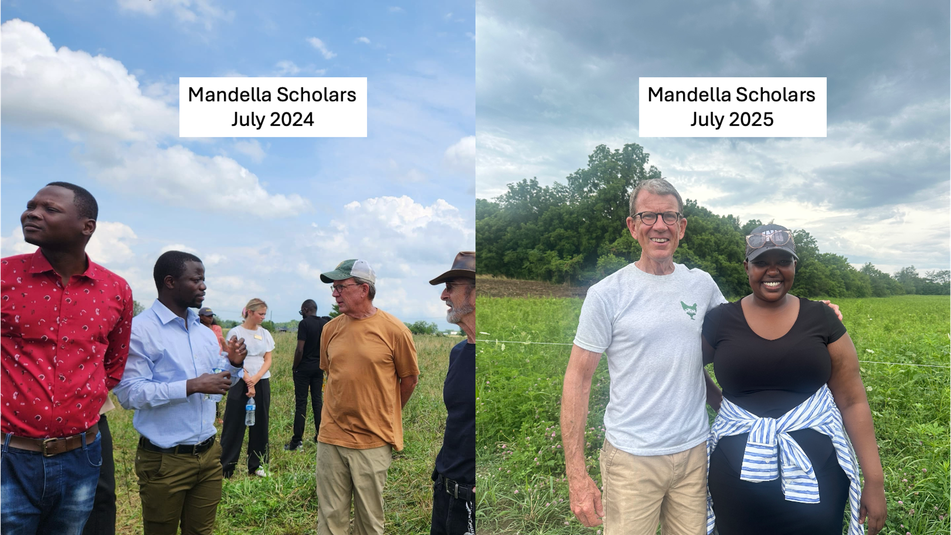 Chris Baggott with Mandela Scholars in July 2024 and July 2025, showing visible health improvements after switching to a nutrient-dense, meat-based diet focused on grass-fed beef