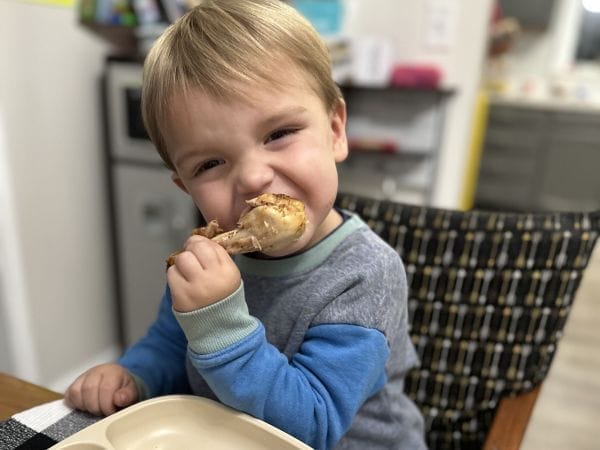 Pasture-raised chicken served as a baby-led weaning meal, presented in a simple, baby-friendly portion