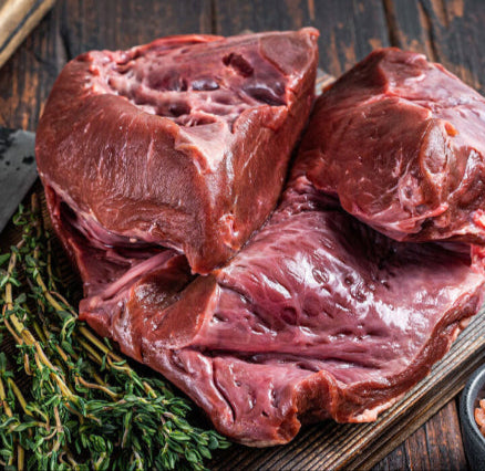 Whole grassfed beef heart cleaned and ready to trim, raised on pasture in Indiana