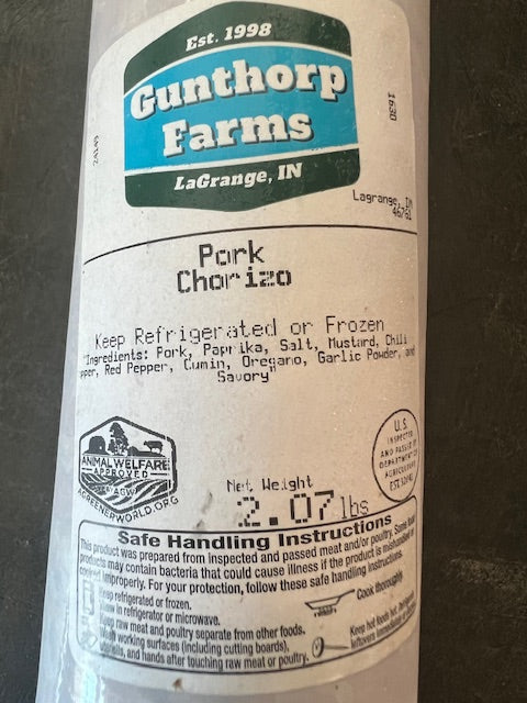 Packaged 2 lb pastured pork chorizo from Gunthorp Farms