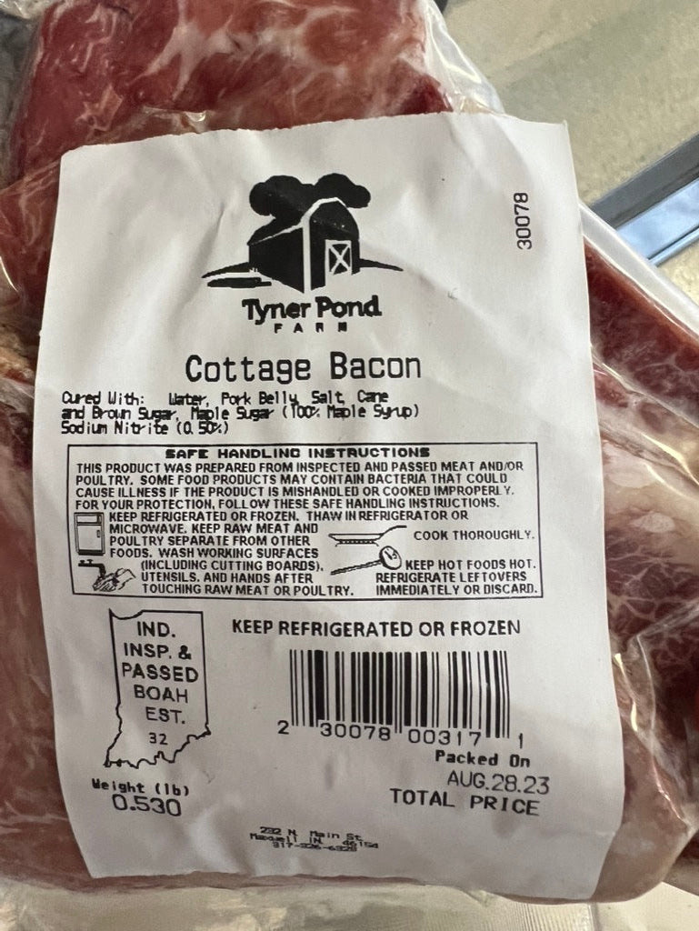 Packaged cottage bacon from Tyner Pond Farm, label visible on vacuum-sealed pack