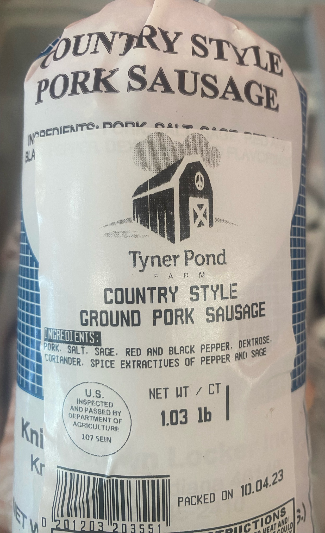 Packaged country sausage showing ingredient label, made with local pork