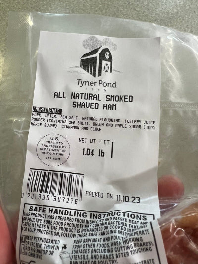 Packaged shaved ham from Tyner Pond Farm, labeled and sealed