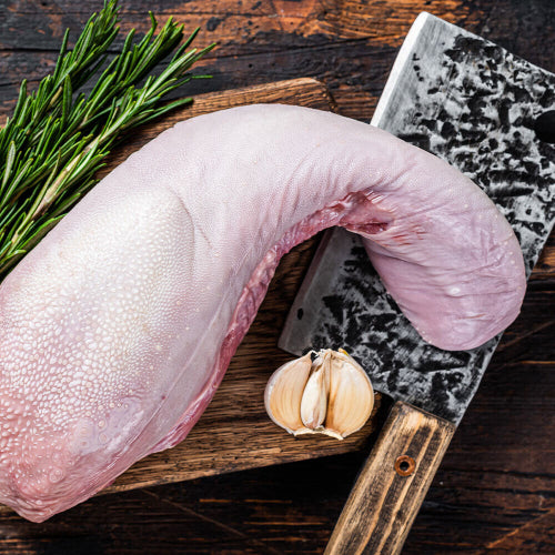 Whole raw grassfed beef tongue on counter, unprocessed organ cut from pasture-raised animal