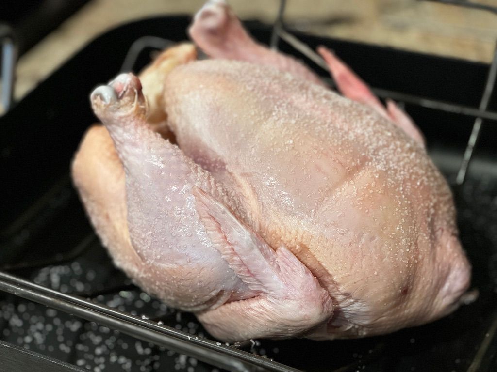 Raw whole pasture-raised chicken salted in cast iron skillet, ready to roast