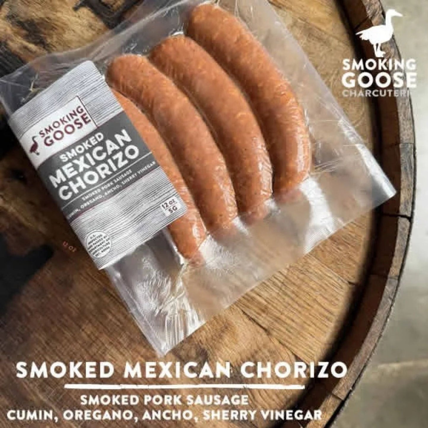 Smoking Goose Smoked Mexican Chorizo pork sausage links with cumin, oregano, ancho pepper, and sherry vinegar in a 12 oz package