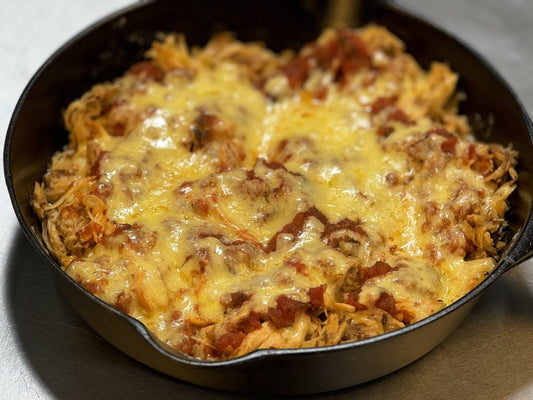 A skillet of easy salsa and pasture-raised chicken from Tyner Pond Farm.