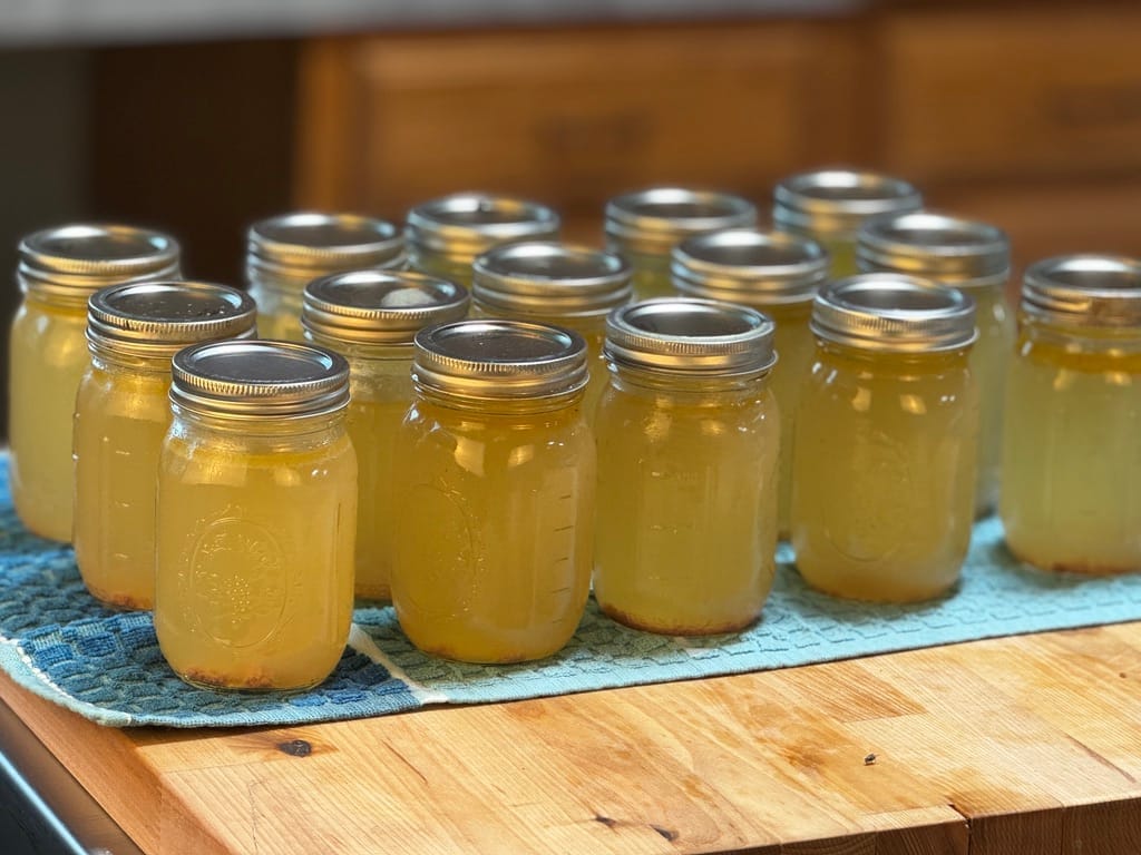 Jars of chicken bone broth cooling on a countertop after being pressure-canned, made from pasture-raised chicken frames and feet.