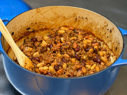 A pot of Tyner Pond Summer Chili with grass-fed ground chuck and pasture-raised bacon.