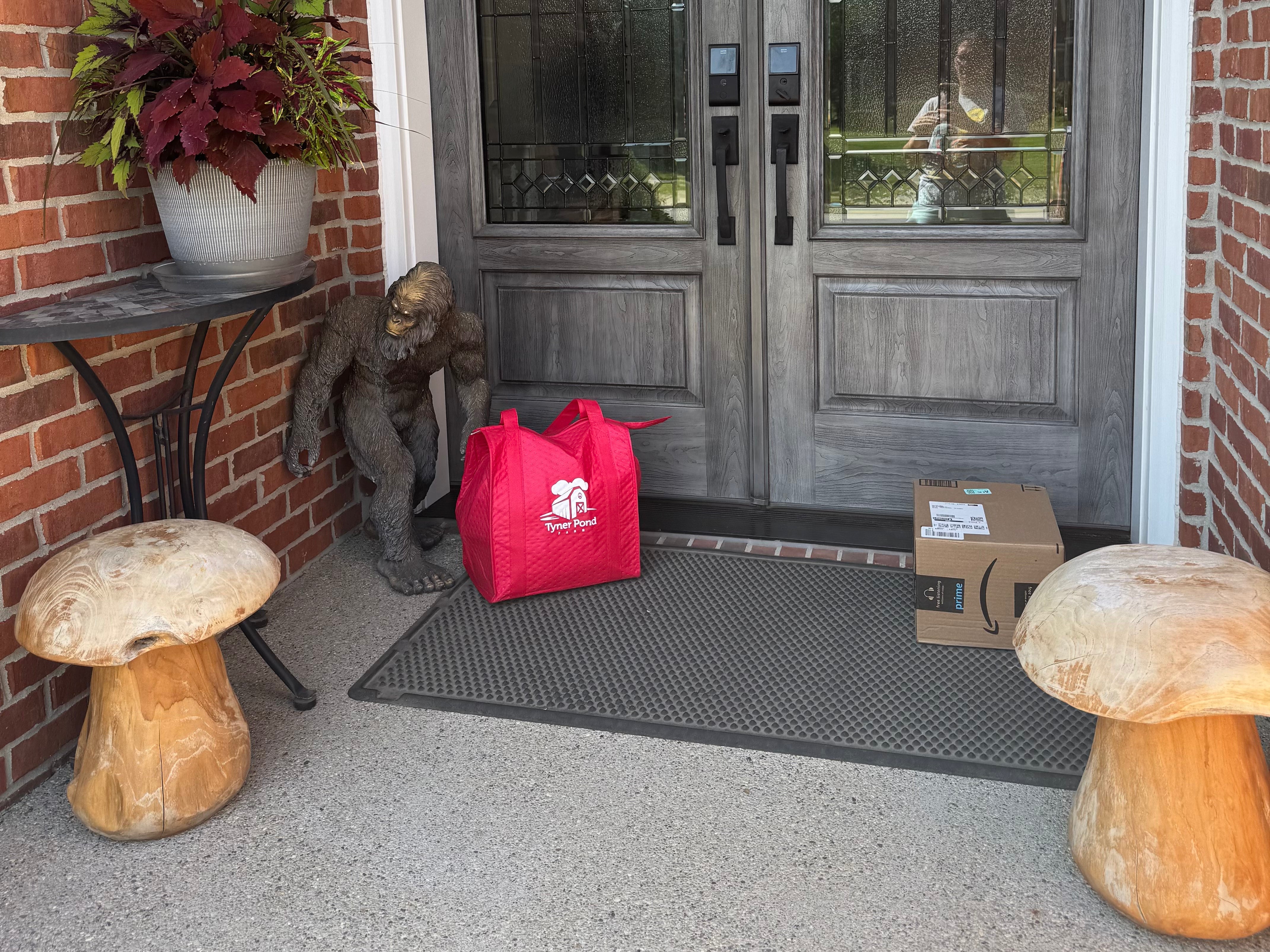 Tyner pond Farm Indiana free Delivery in a red bag on a front porch