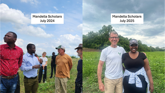 Chris Baggott with Mandela Scholars in July 2024 and July 2025, showing visible health improvements after switching to a nutrient-dense, meat-based diet focused on grass-fed beef