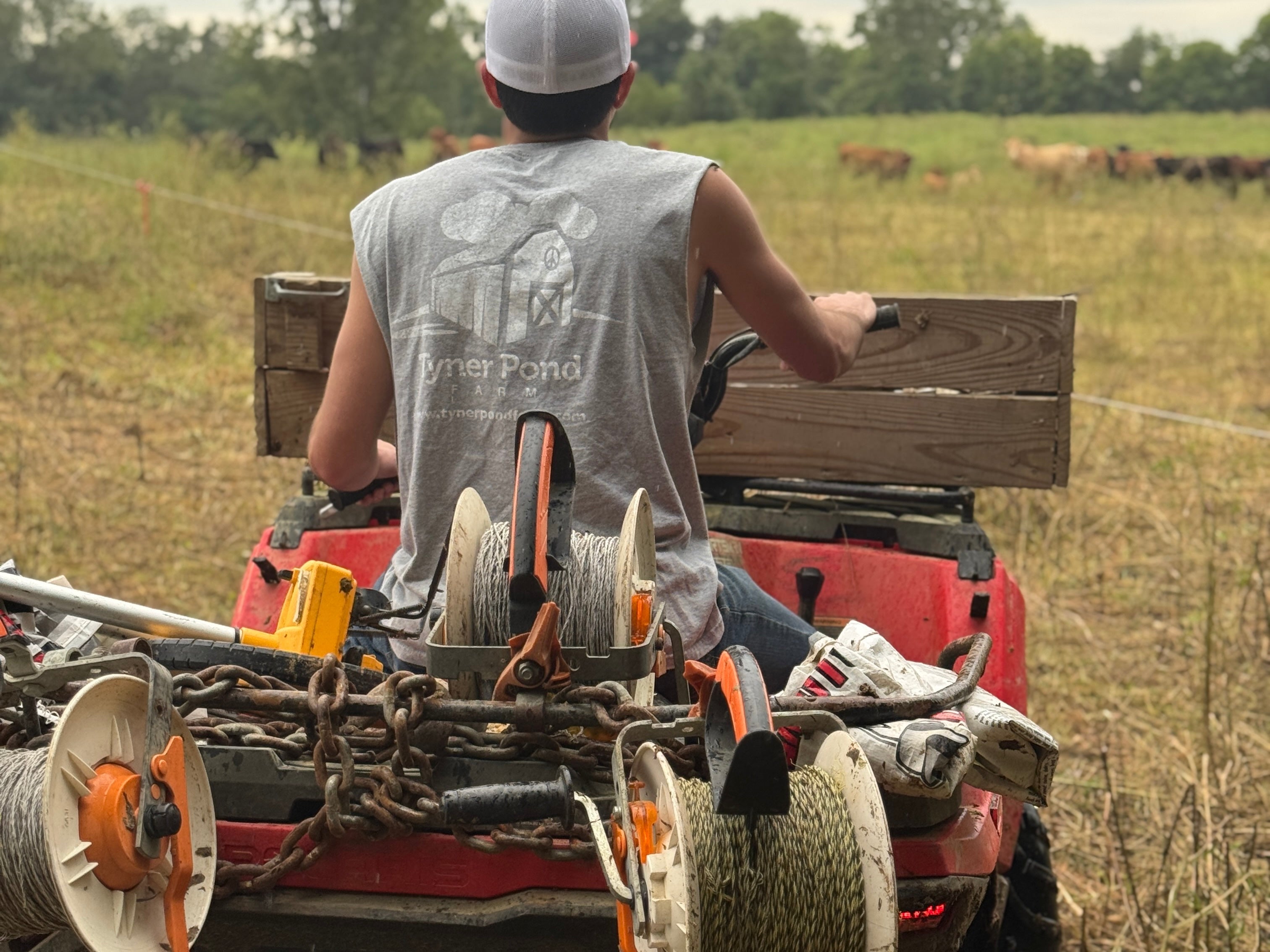 A compact 4-wheeler at Tyner Pond Farm carrying reels of polywire, a measuring wheel, step-in posts, mineral bags, and a chain for moving water troughs — the modern grazier’s toolkit for raising grassfed beef in Indiana.
