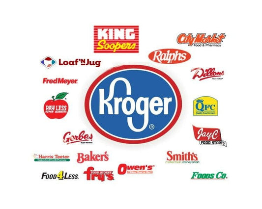 ogos of companies acquired by Kroger, including King Soopers, City Market, Ralphs, Dillons, QFC, JayC, Food 4 Less, Smith's, and more, all centered around the main Kroger logo.