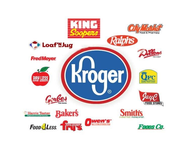ogos of companies acquired by Kroger, including King Soopers, City Market, Ralphs, Dillons, QFC, JayC, Food 4 Less, Smith's, and more, all centered around the main Kroger logo.