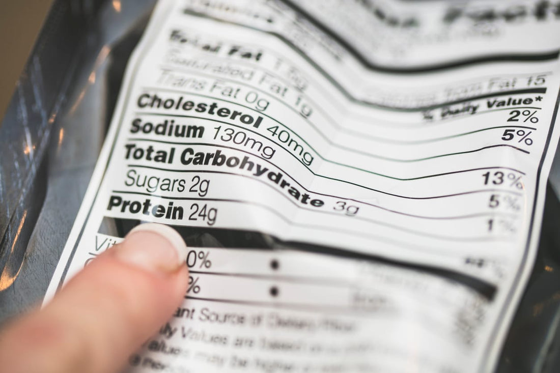 A close-up image of a standard nutrition facts label, listing calories, protein, fat, and vitamins. The label represents how food companies simplify nutrition while ignoring nutrient density and food quality.