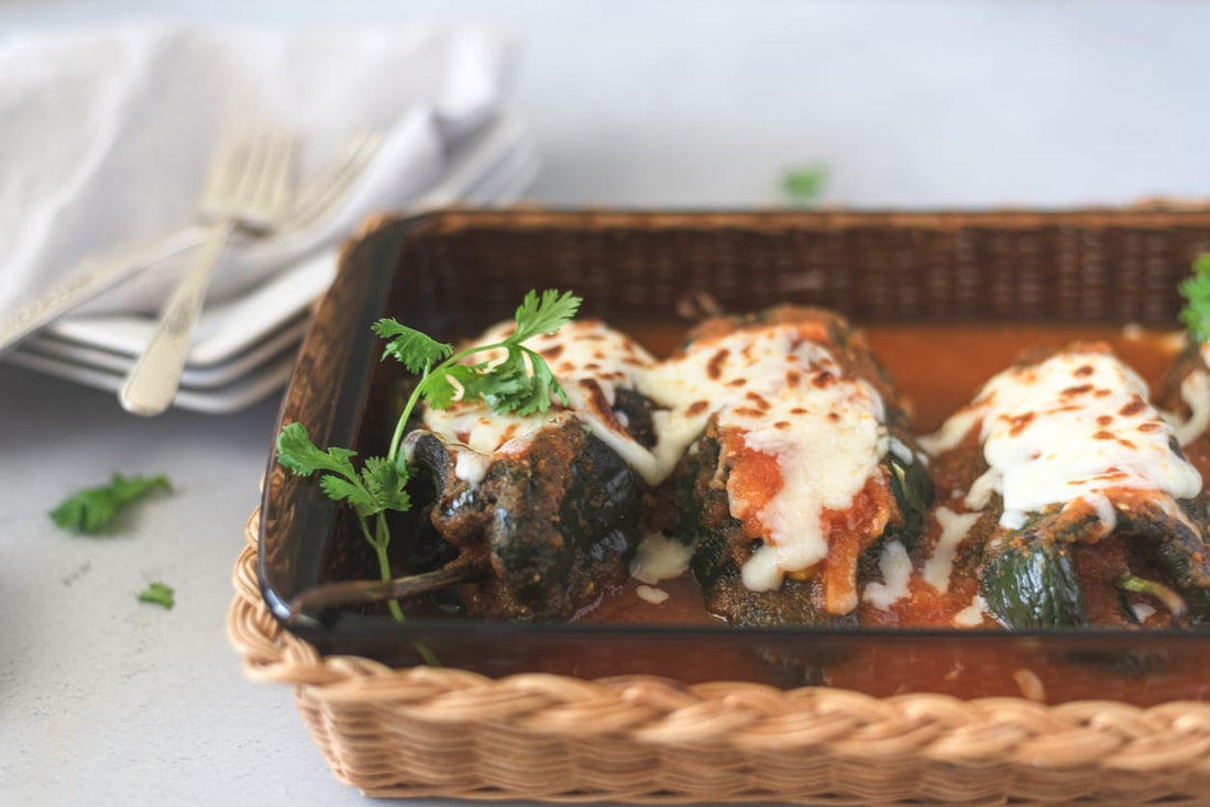 Stuffed poblano peppers made with Tyner Pond grass-fed beef, Kemp’s organic cheese, and Shanti Farm’s fresh poblano peppers, roasted and topped with melted cheese