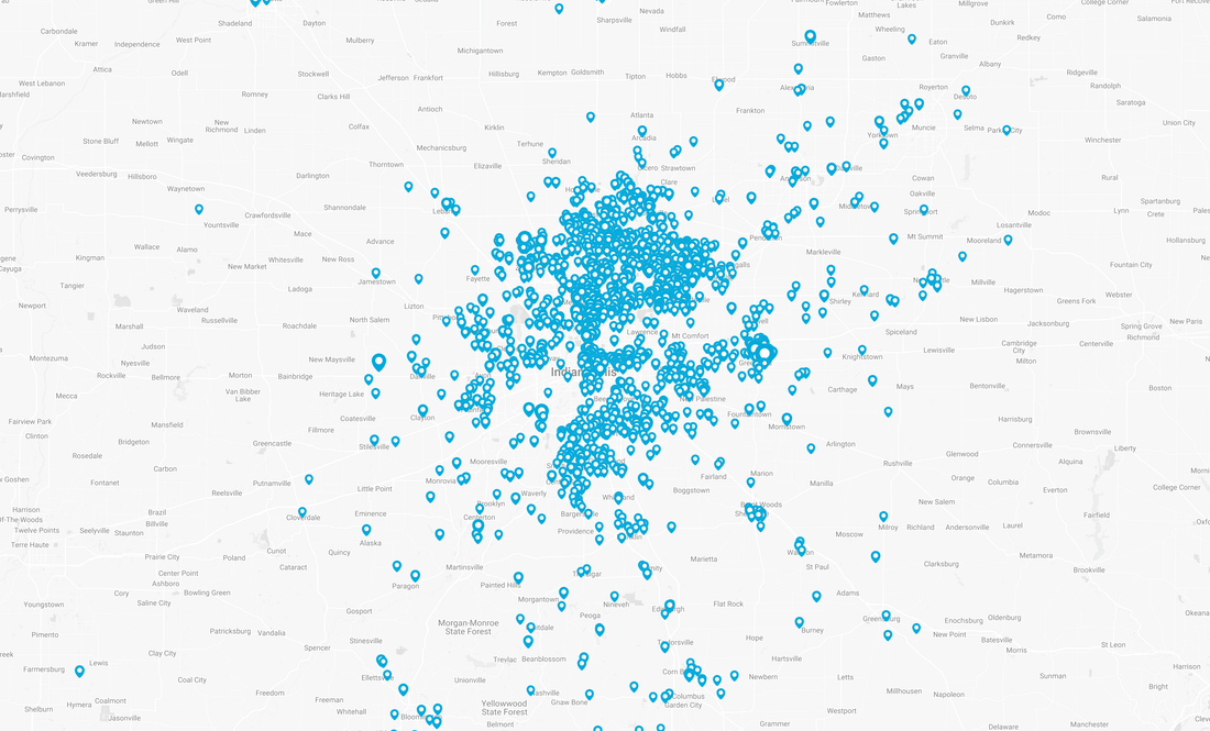A map showing Tyner Pond Farm's customer distribution across central Indiana, with blue dots representing delivery locations