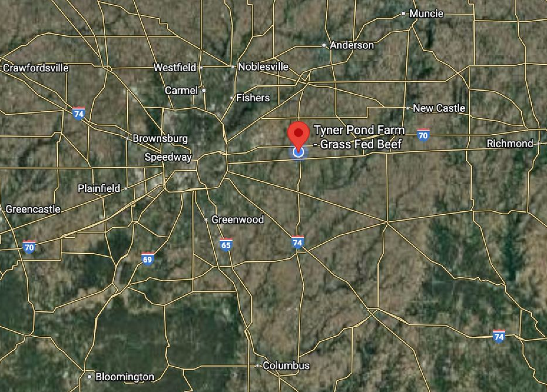 Am map showing Tyner Pnd farm in Greenfield and the areas they deliver to in central Indiana