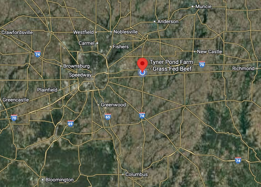 Am map showing Tyner Pnd farm in Greenfield and the areas they deliver to in central Indiana