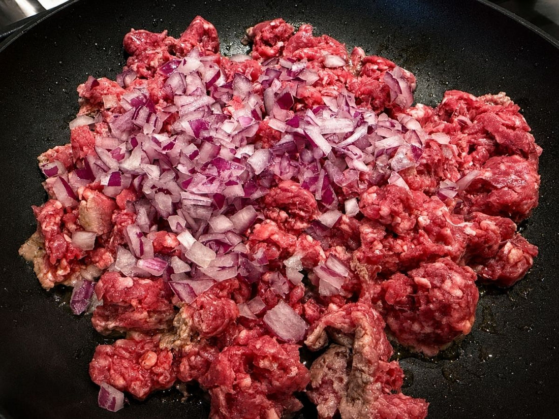 Indiana grassfed Beef raised and processed in the United States frying in a pan