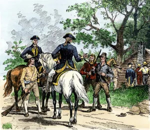 A historical illustration depicting a confrontation during the Whiskey Rebellion. A group of armed frontier farmers faces mounted government officials, dressed in military uniforms, against a rural backdrop.