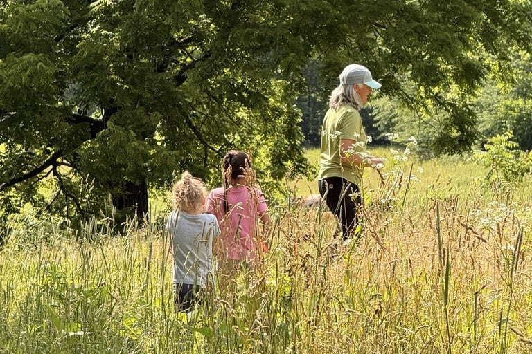 An adult and two children walking through tall pasture grass beneath trees at Tyner Pond Farm.