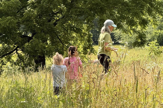 An adult and two children walking through tall pasture grass beneath trees at Tyner Pond Farm.