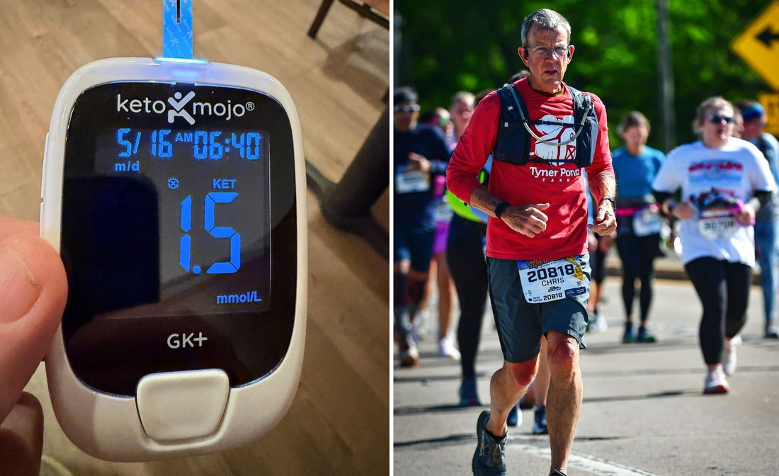 Chris Baggott of Tyner Pond Farm showing a 1.5 mmol/L ketone reading beside a race photo, illustrating a real low-carbohydrate ketogenic diet.