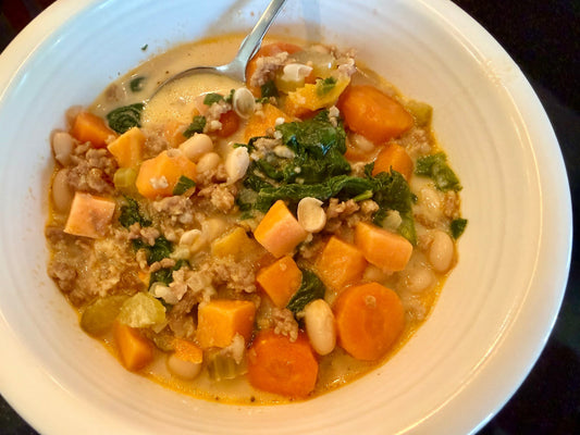 A bowl of Christi's Italian sausage and white bean soup