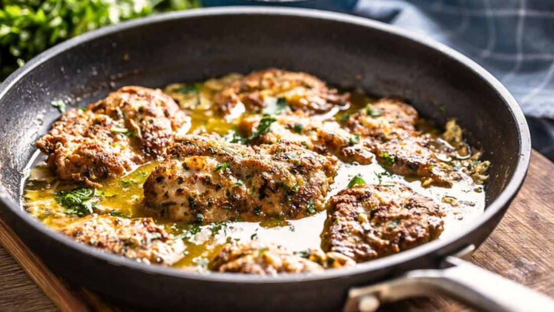French-style chicken thighs and breasts in an egg-cheese crust with white wine and chicken broth sauce