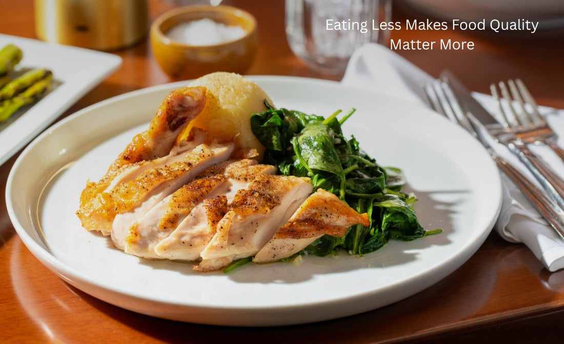 Small portion of roasted chicken breast with greens, used to explain why nutrient-dense protein matters when appetite is reduced.