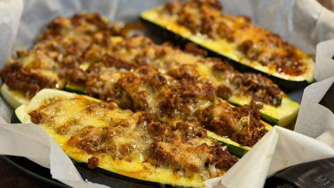 Italian beef-stuffed zucchini filled with grassfed ground beef, tomato, and shredded Parmesan.