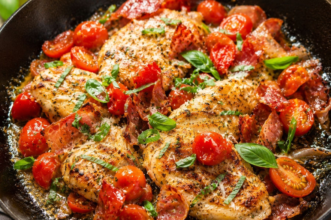 Keto Caprese chicken thighs with cherry tomatoes, raw milk mozzarella, basil and jowl bacon.