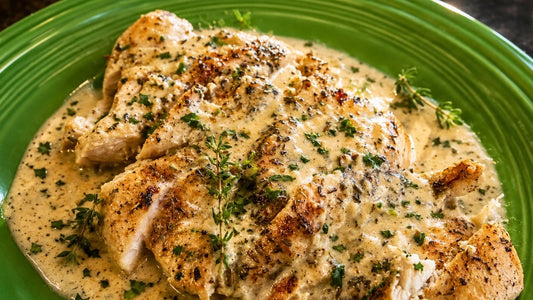 Pasture-raised chicken breast with creamy garlic sauce, fresh herbs, and black pepper on a green plate.