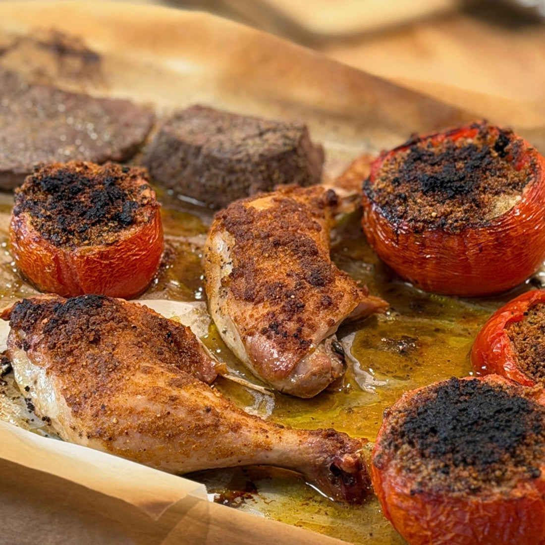 Indiana roasted chicken thighs with panko roased keto tomatos