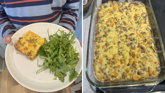 Side-by-side photos of Amanda’s butternut squash and Tyner Pond Farm salt and pepper sausage egg bake, served with arugula and shown in its baking dish.