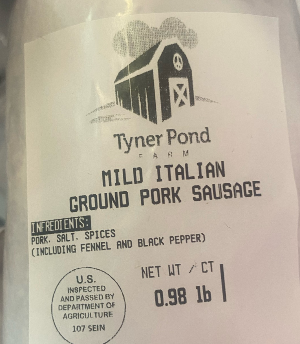 Packaged mild Italian pork sausage from Tyner Pond Farm, 1 lb portion