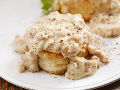 Biscuits and sausage gravy made with hot pork sausage from Tyner Pond Farm