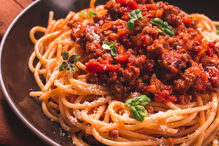 Spaghetti with bolognese sauce made from pastured pork Italian sausage from Gunthorp Farms
