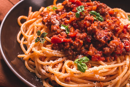 Spaghetti with bolognese sauce made from pastured pork Italian sausage from Gunthorp Farms