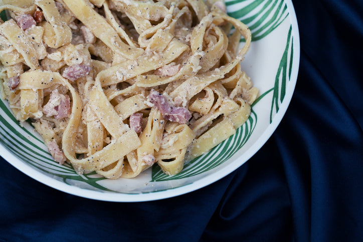 Classic pasta carbonara made with guanciale, egg yolk, and cheese