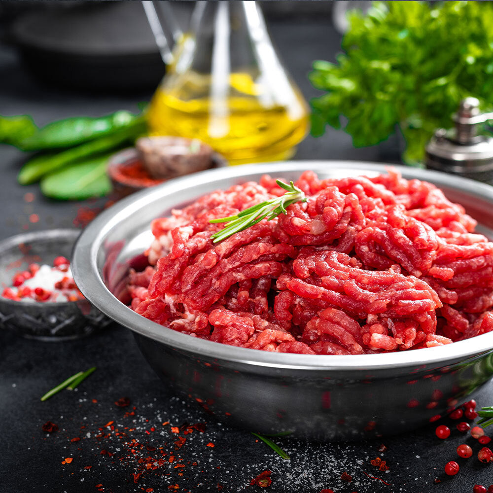 Ground sirloin prepared raw in bowl, made from grassfed and grass-finished beef