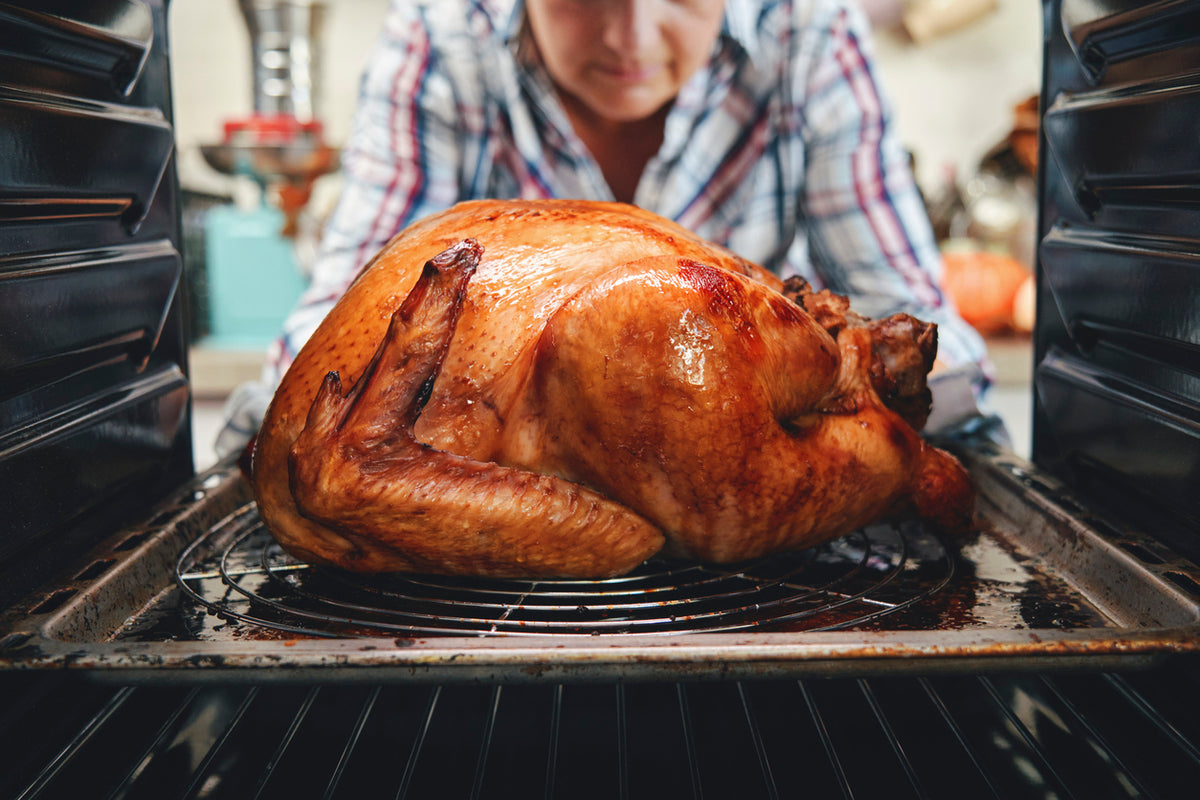 Carved pasture-raised Thanksgiving turkey from Tyner Pond Farm in Indiana, frozen for freshness