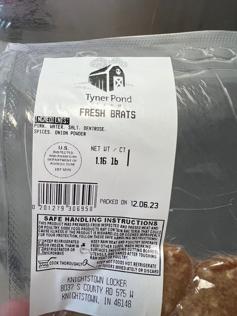 Packaged raw bratwurst from Tyner Pond Farm, showing ingredients and labeling