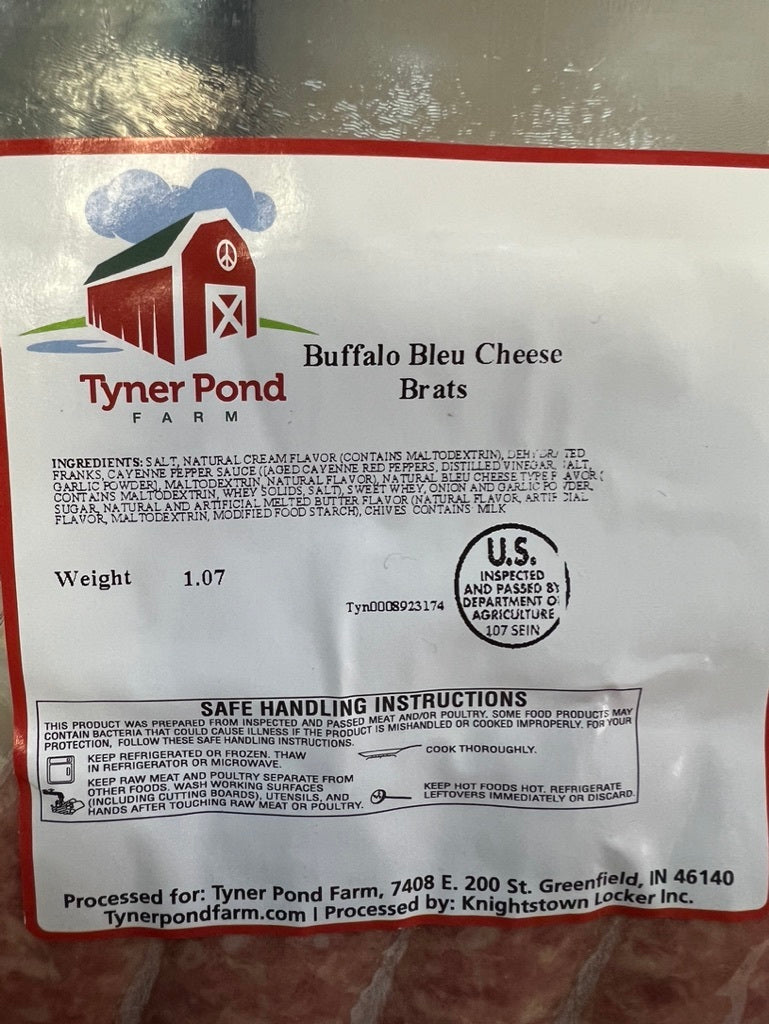 Packaged Buffalo blue cheese brats from Tyner Pond Farm, with ingredient label visible