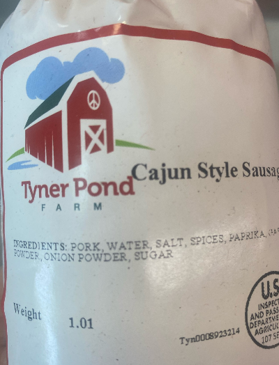 Packaged Cajun pork sausage with ingredients visible on label