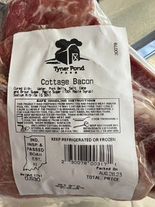Packaged cottage bacon from Tyner Pond Farm, label visible on vacuum-sealed pack