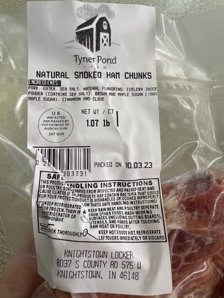 Packaged diced ham from Tyner Pond Farm, vacuum-sealed and labeled