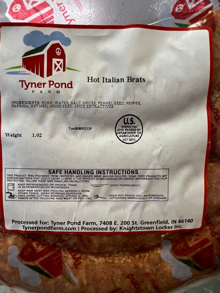 Packaged hot Italian sausage from Tyner Pond Farm with ingredients visible