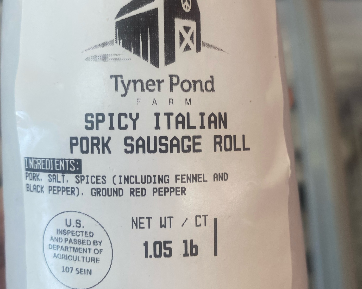 Packaged hot Italian pork sausage showing ingredients and labeling